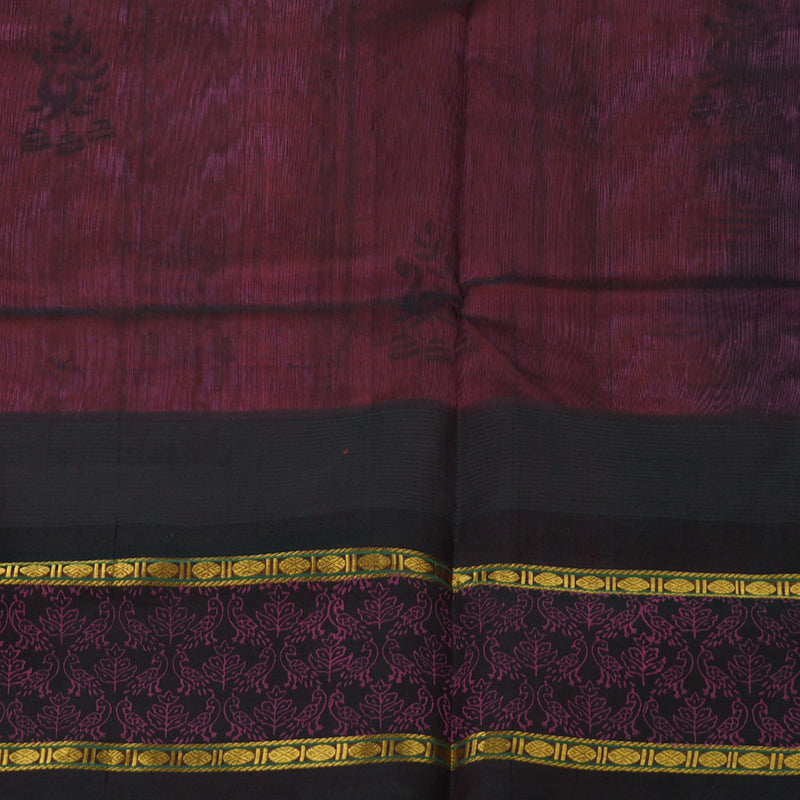 Hayagrivas Pure Printed Silk Cotton Saree in Fuchsia Pink with Deep Brown contrast HBE57D6-1