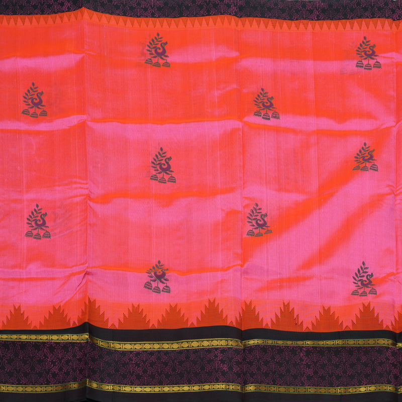 Hayagrivas Pure Printed Silk Cotton Saree in Fuchsia Pink with Deep Brown contrast HBE57D6-1