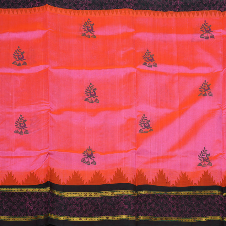 Hayagrivas Pure Printed Silk Cotton Saree in Fuchsia Pink with Deep Brown contrast HBE57D6-1