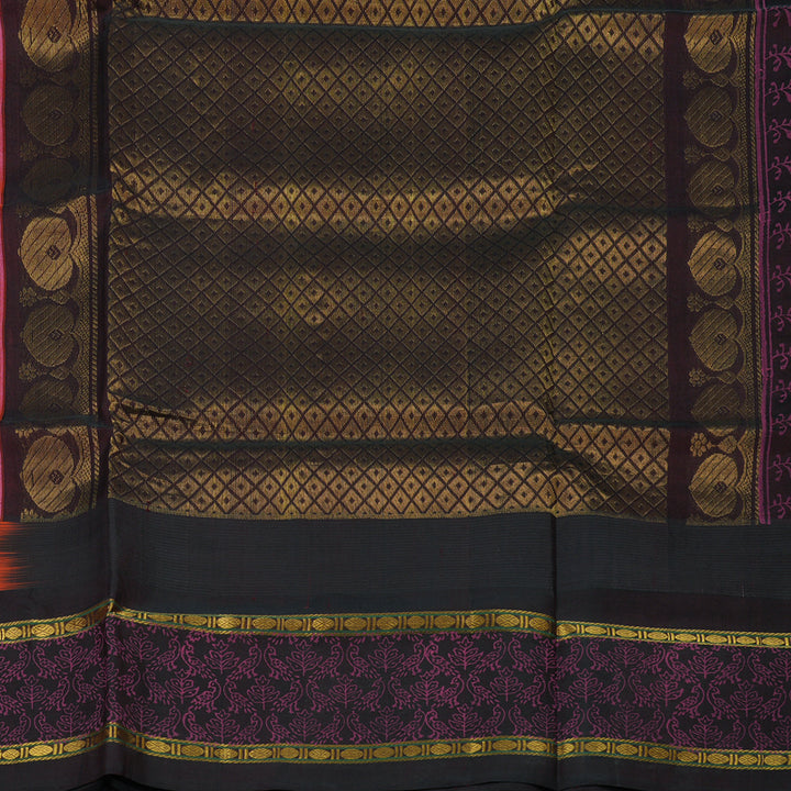 Hayagrivas Pure Printed Silk Cotton Saree in Fuchsia Pink with Deep Brown contrast HBE57D6-1
