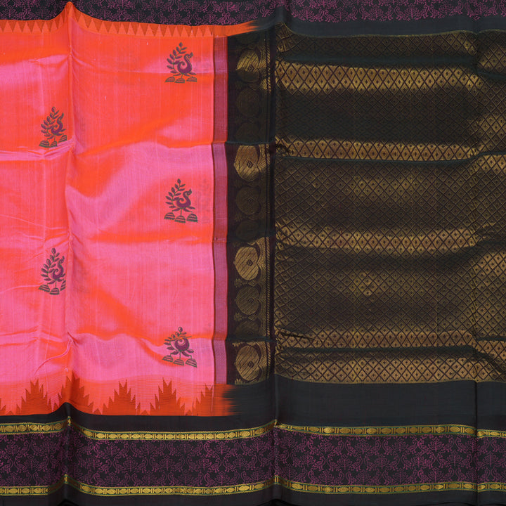 Hayagrivas Pure Printed Silk Cotton Saree in Fuchsia Pink with Deep Brown contrast HBE57D6-1
