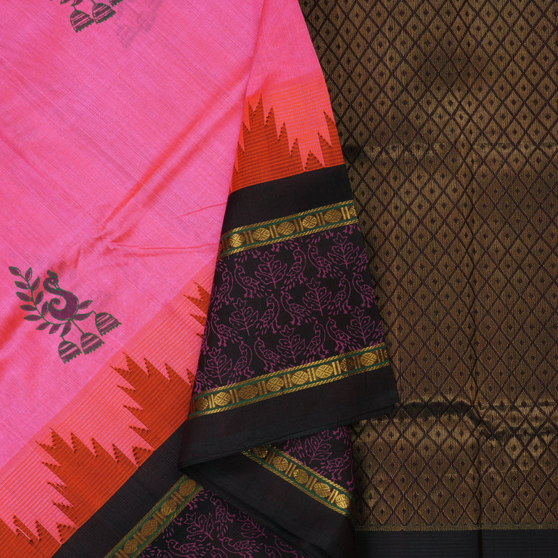 Hayagrivas Pure Printed Silk Cotton Saree in Fuchsia Pink with Deep Brown contrast HBE57D6-1
