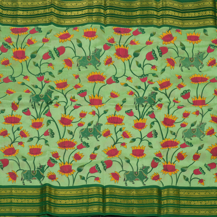 Hayagrivas Pista Green Pure Printed Silk Cotton Saree with Green Border HBE839J10-1