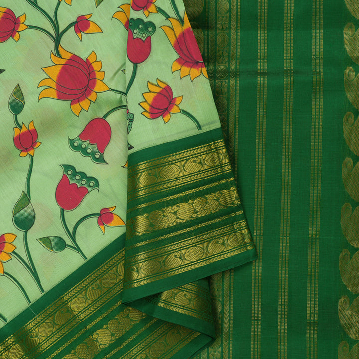 Hayagrivas Pista Green Pure Printed Silk Cotton Saree with Green Border HBE839J10-1