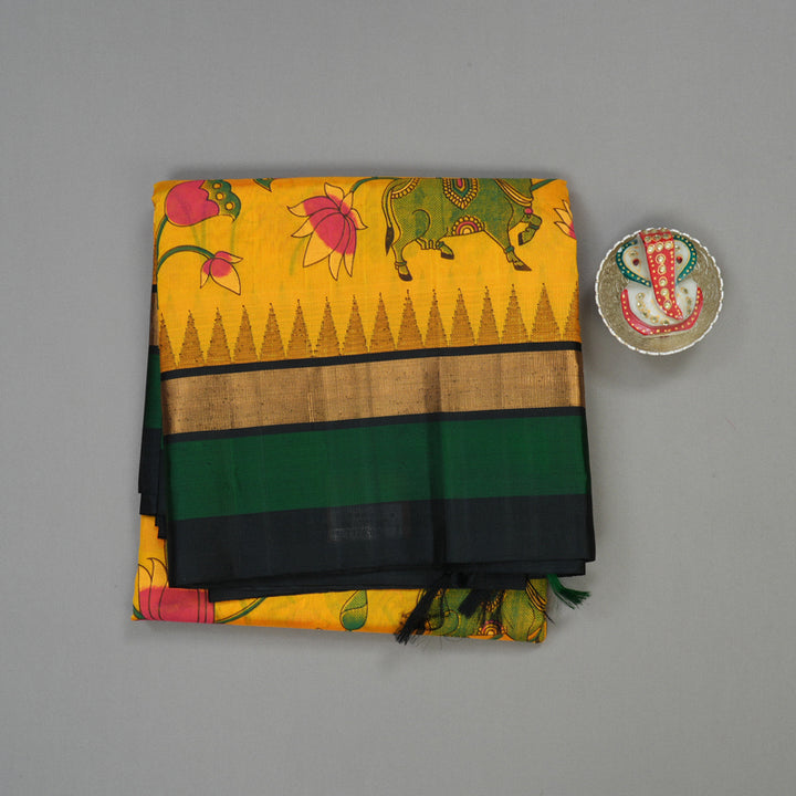 Hayagrivas Tumeric Yellow Pure Printed Silk Cotton Saree with Black Border HBE839J10-10