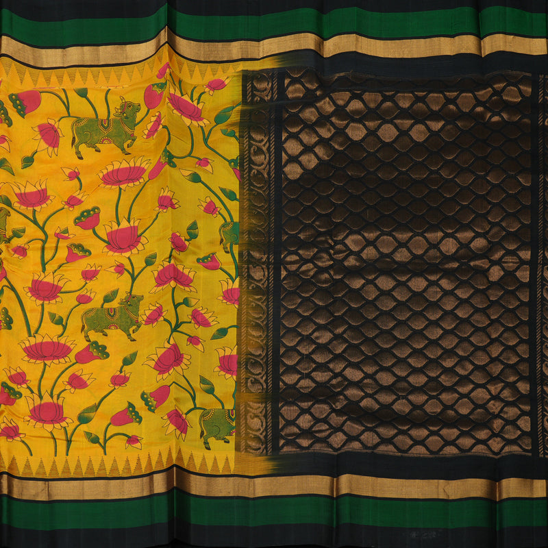 Hayagrivas Tumeric Yellow Pure Printed Silk Cotton Saree with Black Border HBE839J10-10
