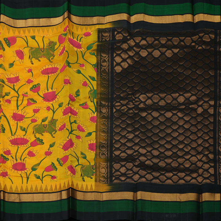 Hayagrivas Tumeric Yellow Pure Printed Silk Cotton Saree with Black Border HBE839J10-10