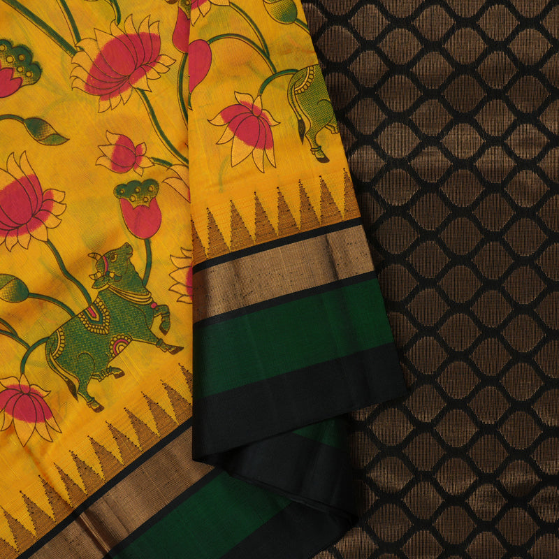 Hayagrivas Tumeric Yellow Pure Printed Silk Cotton Saree with Black Border HBE839J10-10