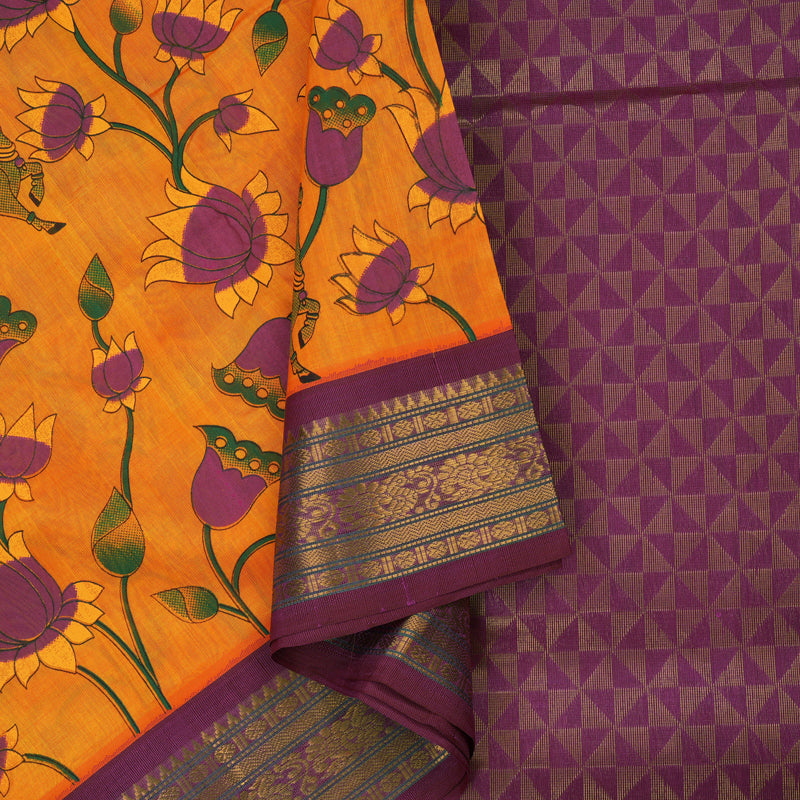 Hayagrivas Orange Pure Printed Silk Cotton Saree HBE839J10-11