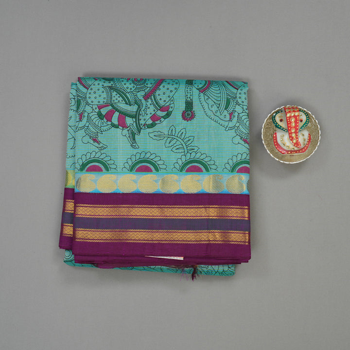 Hayagrivas Greyish-Green Pure Printed Silk Cotton Saree with Deep Violet Border HBE839J10-12