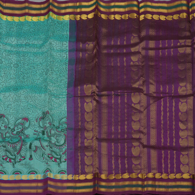 Hayagrivas Greyish-Green Pure Printed Silk Cotton Saree with Deep Violet Border HBE839J10-12