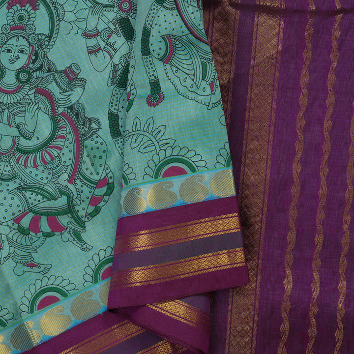 Hayagrivas Greyish-Green Pure Printed Silk Cotton Saree with Deep Violet Border HBE839J10-12