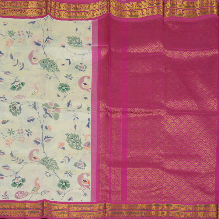 Hayagrivas Half White Pure Printed Silk Cotton Saree HBE839J10-2