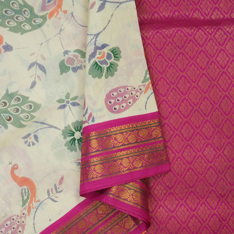 Hayagrivas Half White Pure Printed Silk Cotton Saree HBE839J10-2
