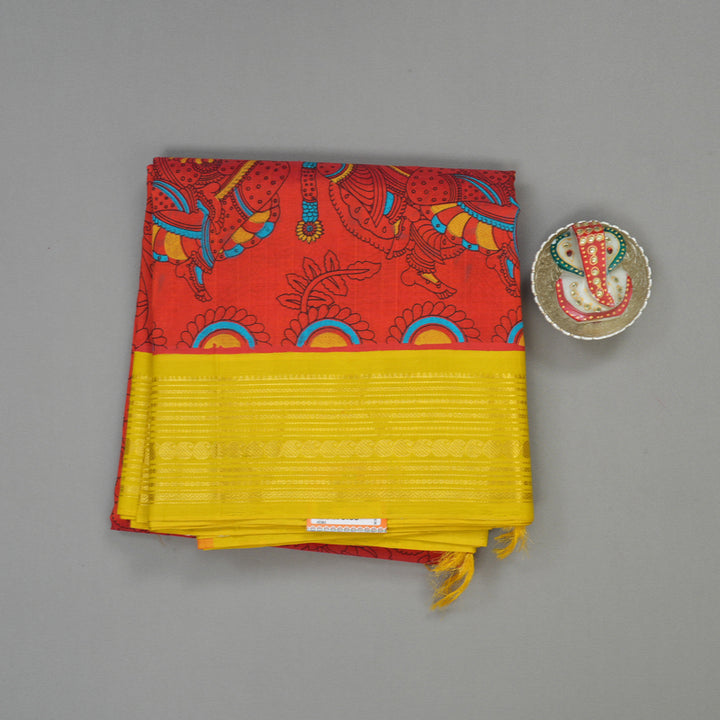 Hayagrivas Red Pure Printed Silk Cotton Saree with Sampanga Yellow Border HBE839J10-5
