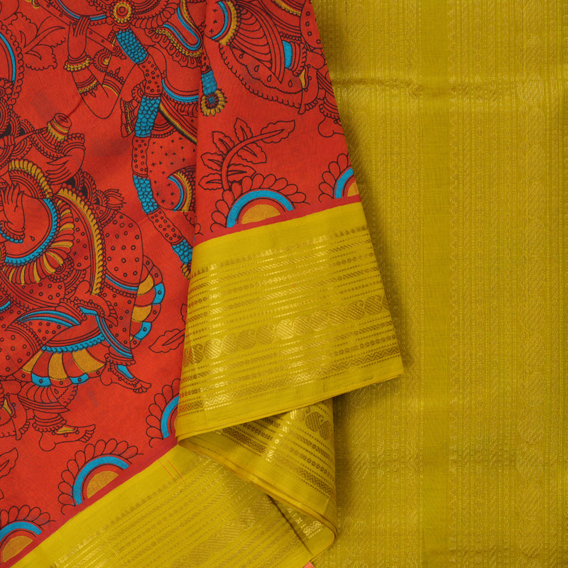 Hayagrivas Red Pure Printed Silk Cotton Saree with Sampanga Yellow Border HBE839J10-5