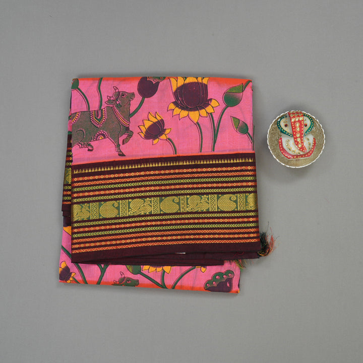 Hayagrivas Fushsia Pink Pure Printed Silk Cotton Saree with Wine Maroon Border HBE839J10-7