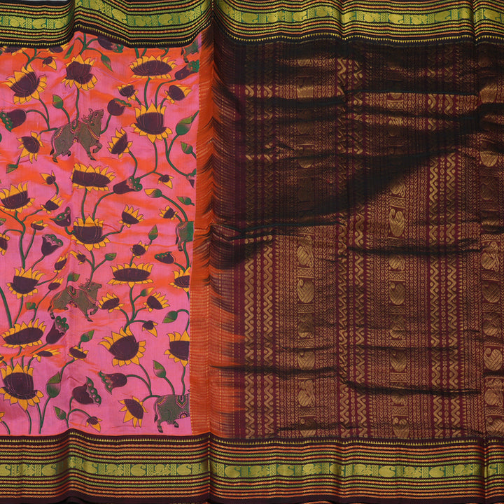 Hayagrivas Fushsia Pink Pure Printed Silk Cotton Saree with Wine Maroon Border HBE839J10-7