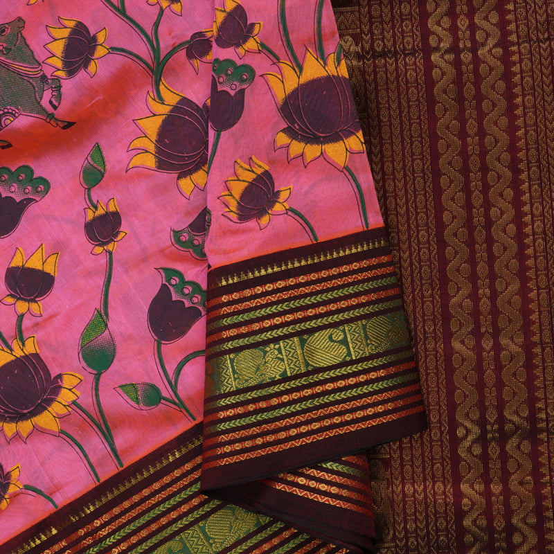 Hayagrivas Fushsia Pink Pure Printed Silk Cotton Saree with Wine Maroon Border HBE839J10-7