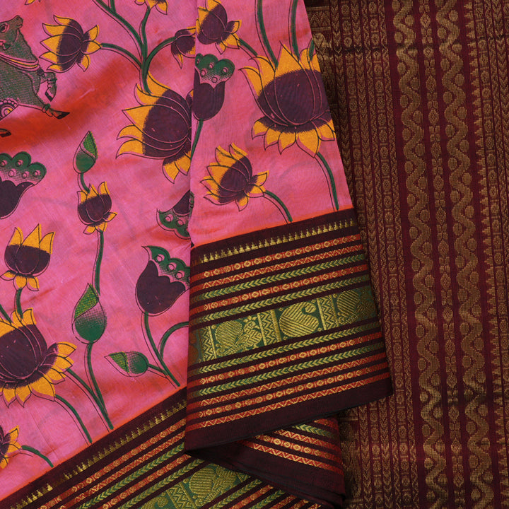 Hayagrivas Fushsia Pink Pure Printed Silk Cotton Saree with Wine Maroon Border HBE839J10-7