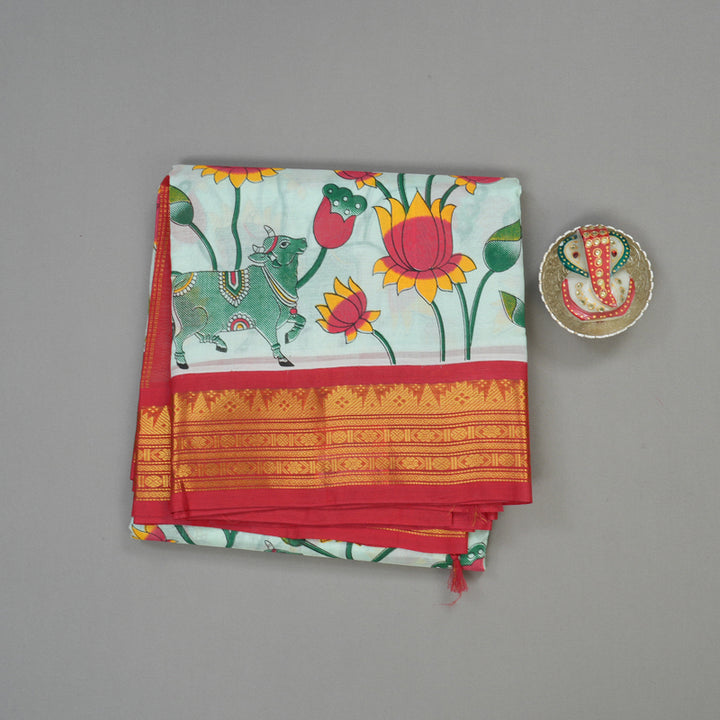 Hayagrivas Powder Green Pure Printed Silk Cotton Saree with Red Border HBE839J10-8