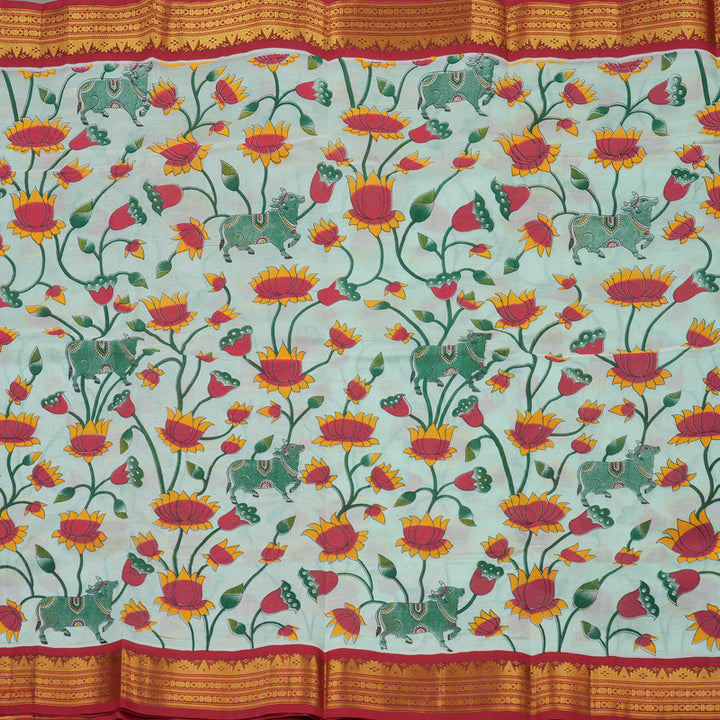 Hayagrivas Powder Green Pure Printed Silk Cotton Saree with Red Border HBE839J10-8