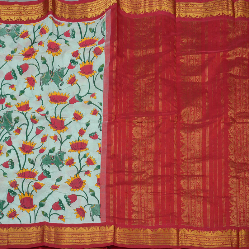 Hayagrivas Powder Green Pure Printed Silk Cotton Saree with Red Border HBE839J10-8