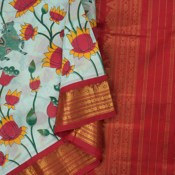 Hayagrivas Powder Green Pure Printed Silk Cotton Saree with Red Border HBE839J10-8