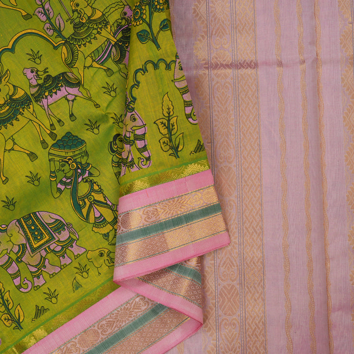 Hayagrivas Parrot Green Pure Printed Silk Cotton Saree HBE839J10-9