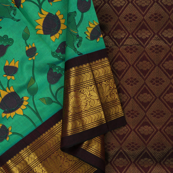 Hayagrivas Mint Green Pure Printed Silk Cotton Saree HBE839J11-2