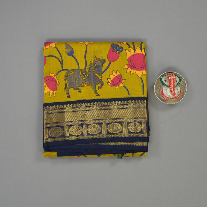 Hayagrivas Lime Yellow Pure Printed Silk Cotton Saree HBE839J11-6