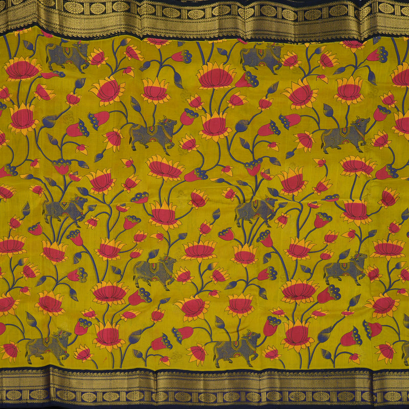 Hayagrivas Lime Yellow Pure Printed Silk Cotton Saree HBE839J11-6