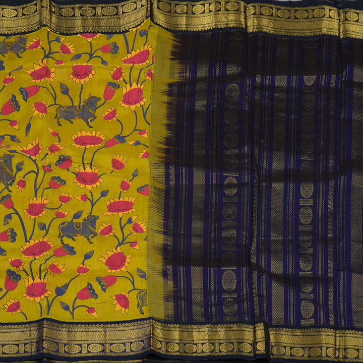 Hayagrivas Lime Yellow Pure Printed Silk Cotton Saree HBE839J11-6