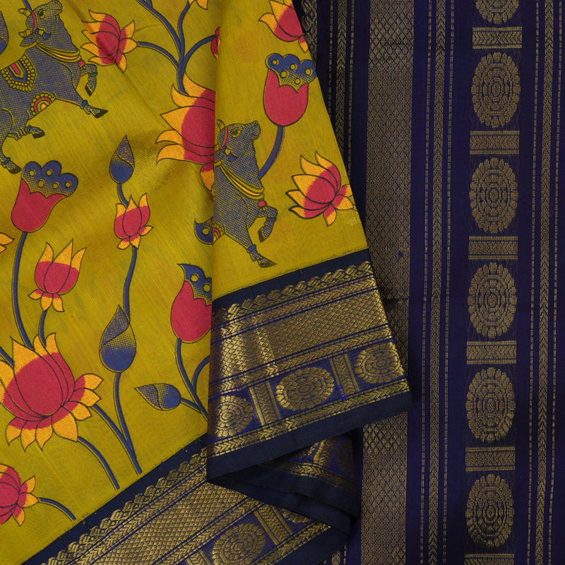 Hayagrivas Lime Yellow Pure Printed Silk Cotton Saree HBE839J11-6