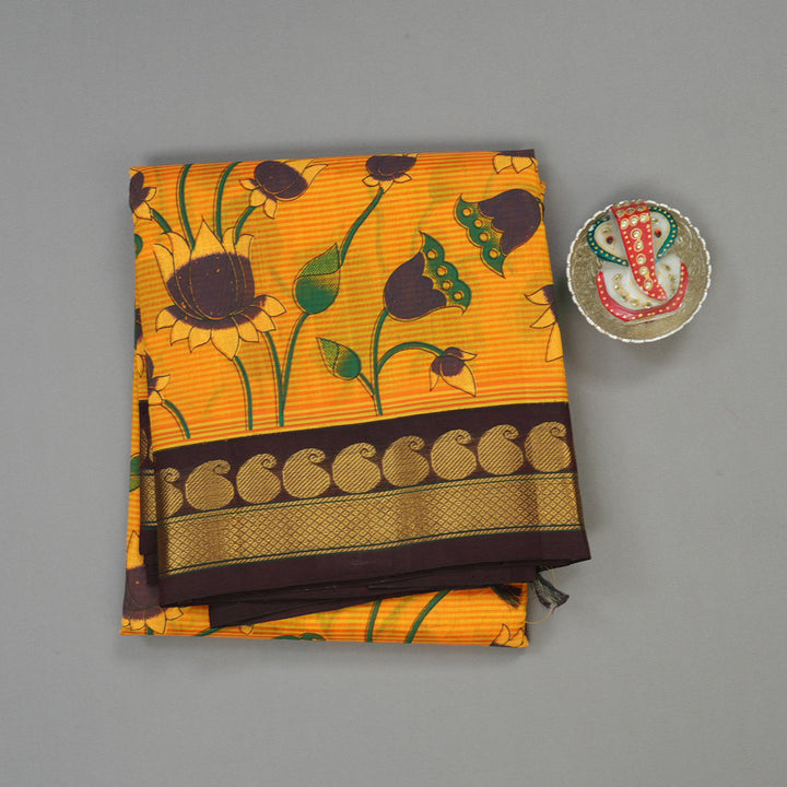Hayagrivas Yellow & Orange Pure Printed Silk Cotton Saree with Deep Maroon Border HBE839J12-1