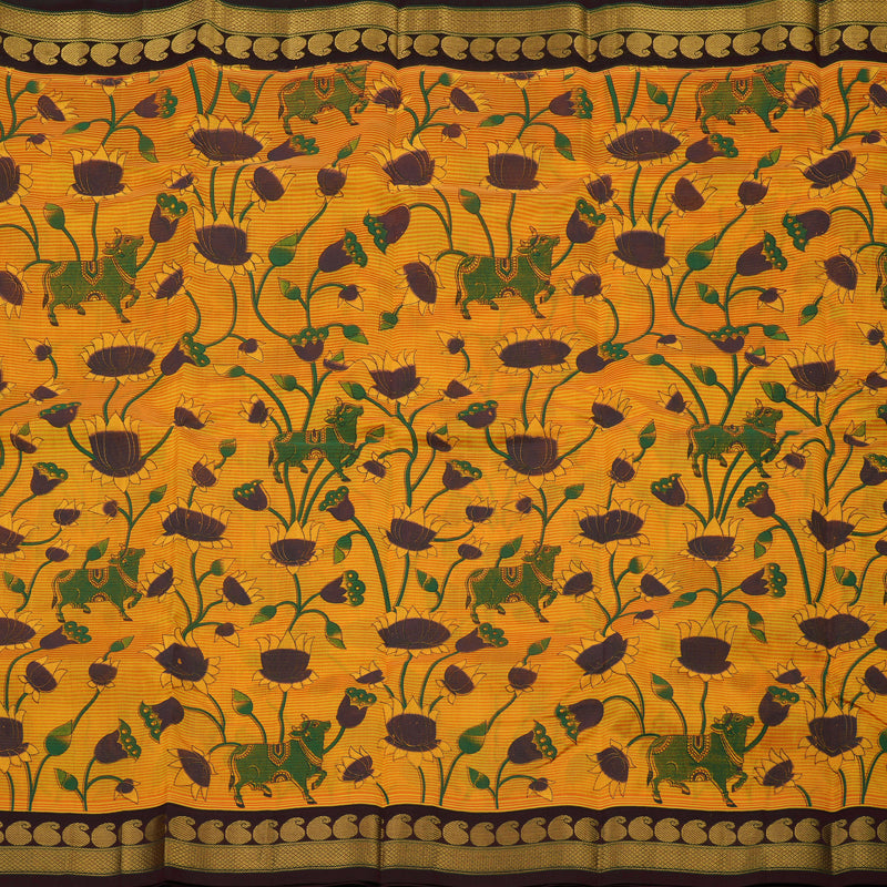 Hayagrivas Yellow & Orange Pure Printed Silk Cotton Saree with Deep Maroon Border HBE839J12-1