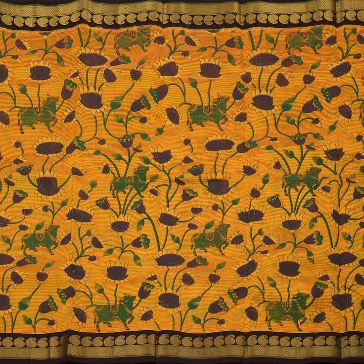 Hayagrivas Yellow & Orange Pure Printed Silk Cotton Saree with Deep Maroon Border HBE839J12-1