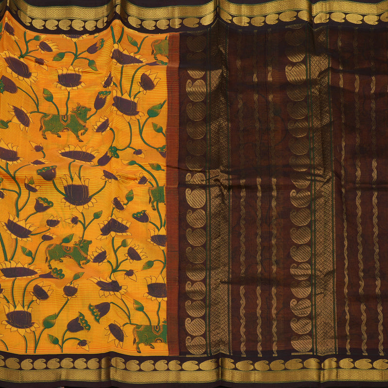 Hayagrivas Yellow & Orange Pure Printed Silk Cotton Saree with Deep Maroon Border HBE839J12-1