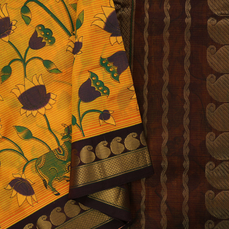 Hayagrivas Yellow & Orange Pure Printed Silk Cotton Saree with Deep Maroon Border HBE839J12-1