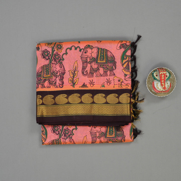 Hayagrivas Bright Orangish Pink Pure Printed Silk Cotton Saree HBE839J12-2