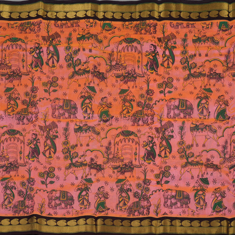 Hayagrivas Bright Orangish Pink Pure Printed Silk Cotton Saree HBE839J12-2