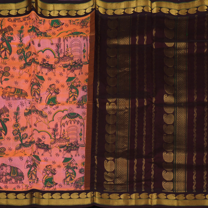 Hayagrivas Bright Orangish Pink Pure Printed Silk Cotton Saree HBE839J12-2