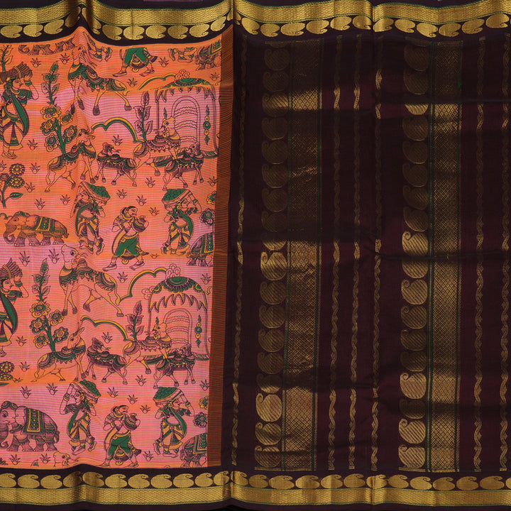 Hayagrivas Bright Orangish Pink Pure Printed Silk Cotton Saree HBE839J12-2