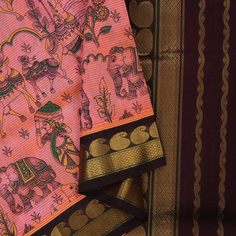 Hayagrivas Bright Orangish Pink Pure Printed Silk Cotton Saree HBE839J12-2