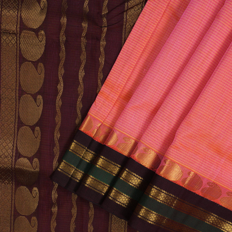 Hayagrivas Bright Orangish Pink Pure Ten Yards Silk Cotton Saree HBE839J6-3