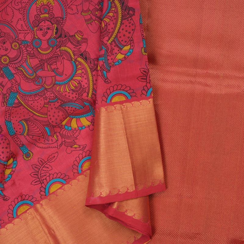 Hayagrivas Pinkish-Red Pure Printed Silk Cotton Saree with Pinkish-Red Border HBE839J9-1
