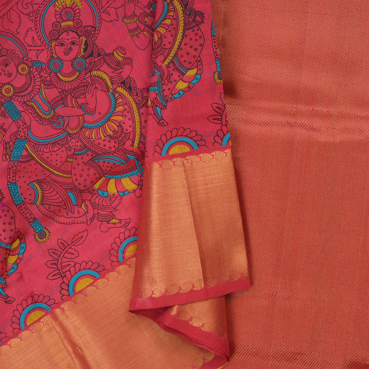 Hayagrivas Pinkish-Red Pure Printed Silk Cotton Saree with Pinkish-Red Border HBE839J9-1