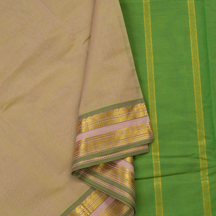 Hayagrivas Handloom Pure Cotton Saree in Sandal with Leaf Green HBE87D1-7