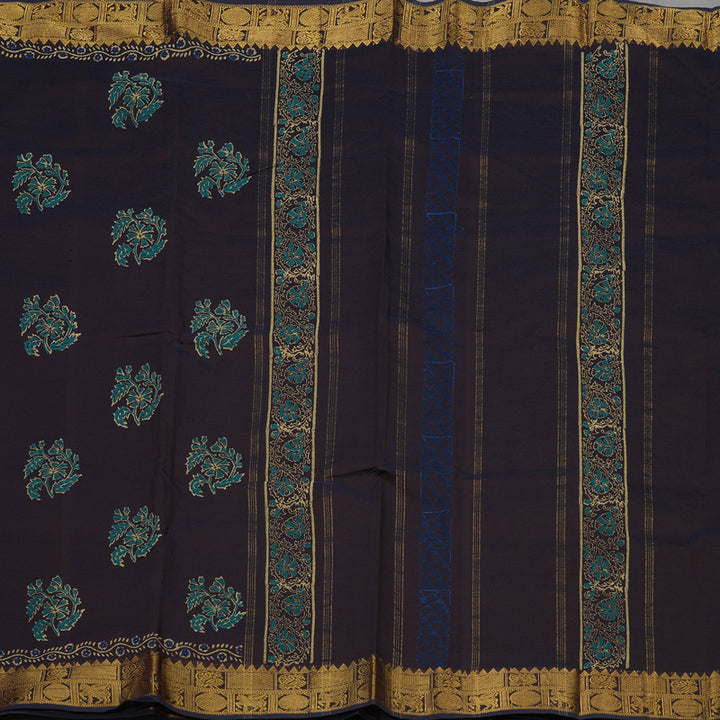 Hayagrivas Deep Brown Printed Semi Silk Cotton Saree HBE904K2-9