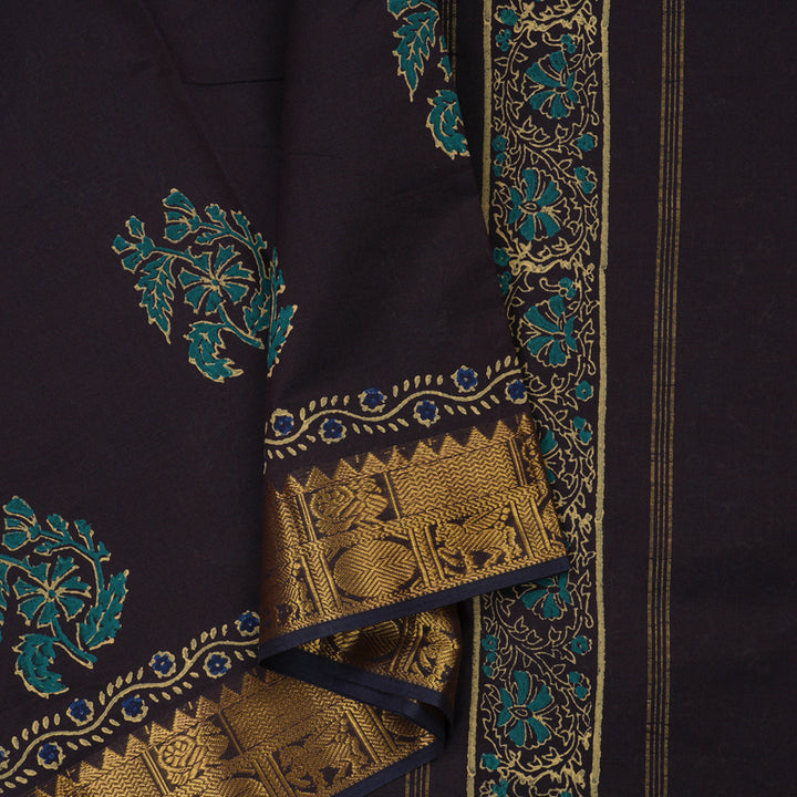 Hayagrivas Deep Brown Printed Semi Silk Cotton Saree HBE904K2-9